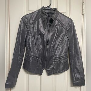 White House Black Market Metallic Gray Coated Fabric Zip Jacket